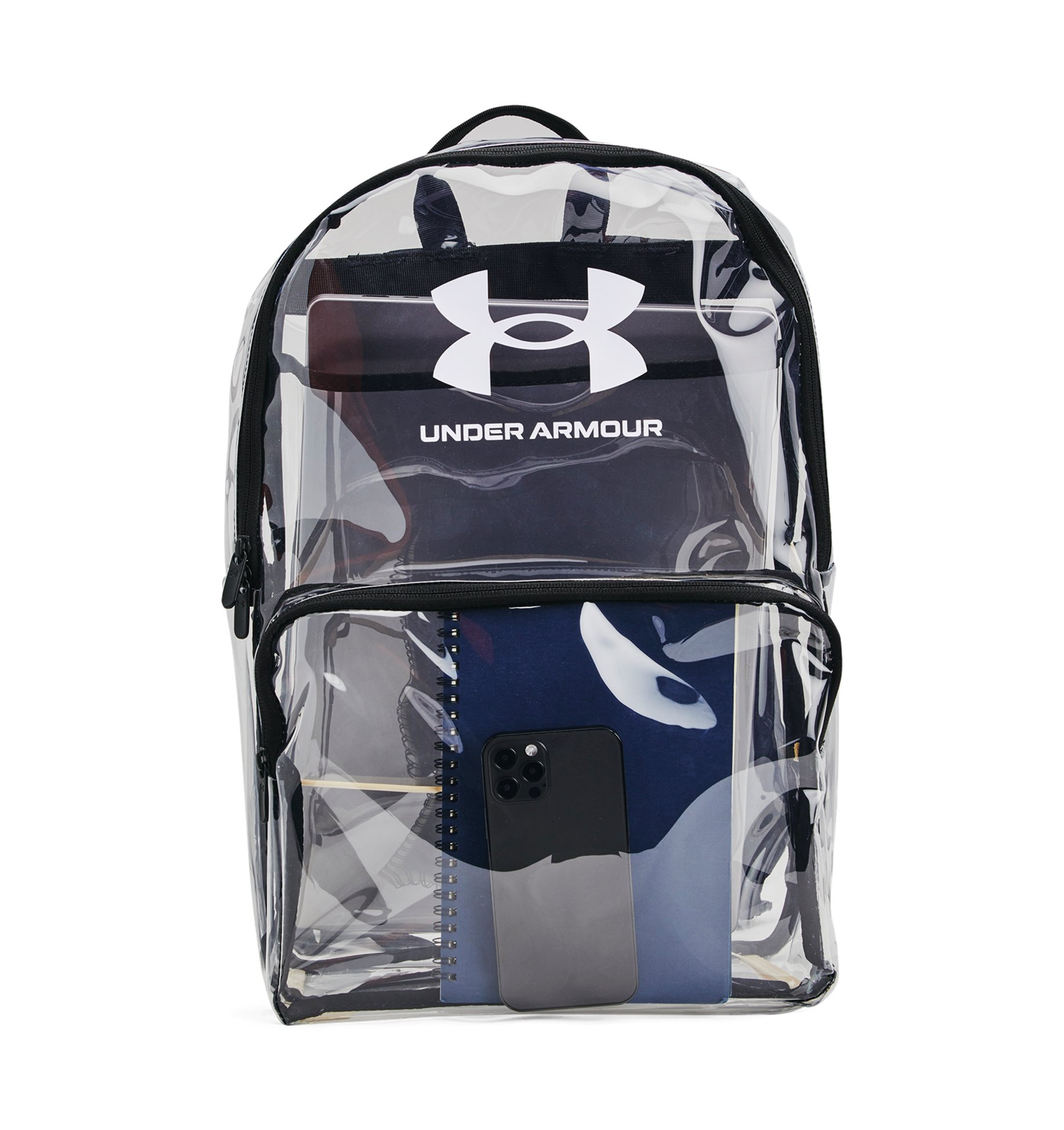 Under Armour UA Loudon Clear Backpack with laptop, notebook, and phone visible through transparent design.